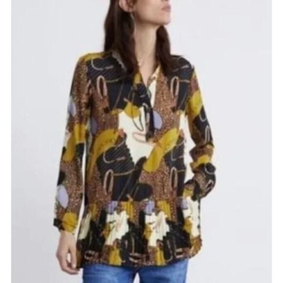 Zara Top Womens Small Equestrian Print Pleated Hem Tunic Artsy Flowy Boho - Picture 1 of 9
